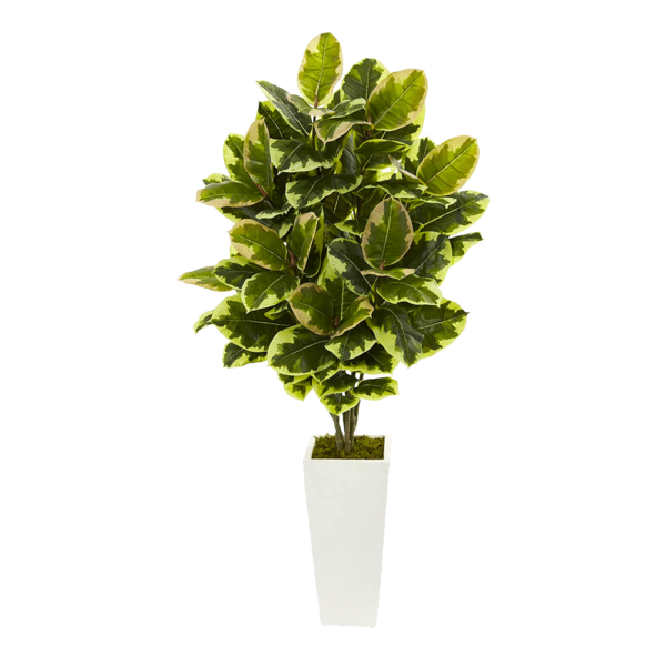 Faux 4ft Rubber Leaf Plant White Pot